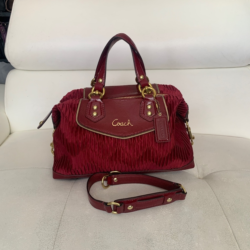 Coach Ashley Gathered Satin and Patent Leather Satchel in Bordeaux Med. Burgundy - Picture 2 of 16